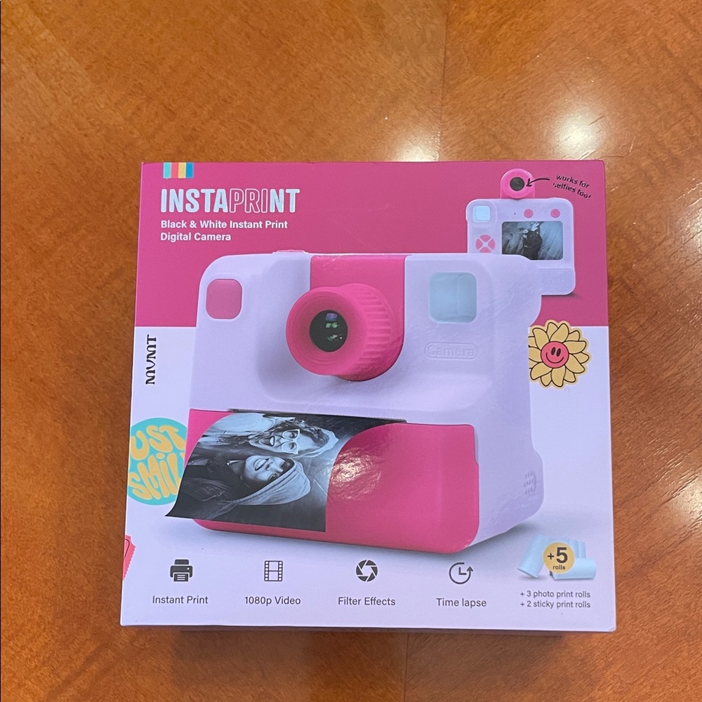 Instaprint Pink and White Instant digital Camera black and white print